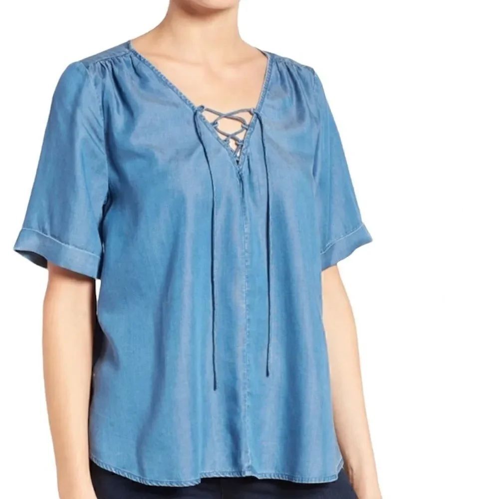 Lucky Brand Chambray Lace-Up Tencel Top